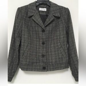 Calvin Klein Minimalist Gray Plaid Tailored Wool-Blend Blazer/Jacket
